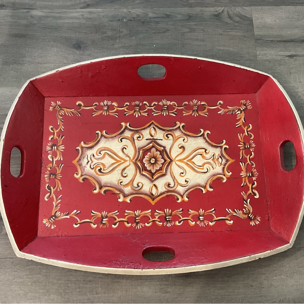 Red Decorative Tray with Floral Design